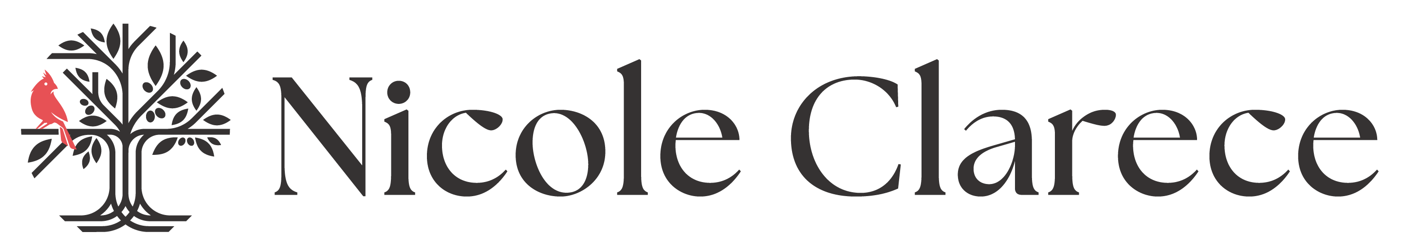 Logo of Nicole Clarece with a stylized tree and red bird on a transparent background