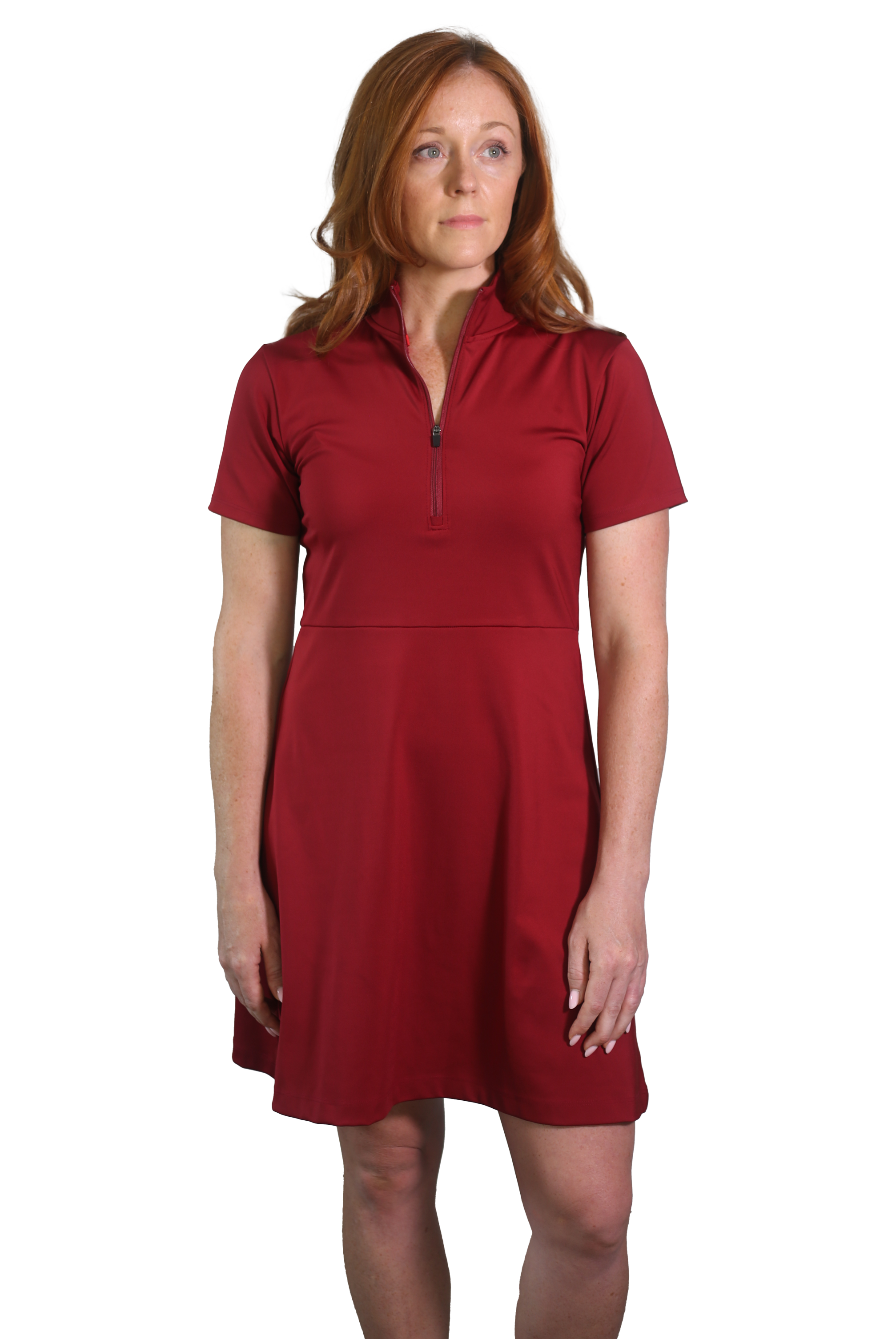 Founder wearing Betty Quarter Zip dress in red on white background made from recycled performance fabrics and offering 4-way stretch, UV protection, and moisture-wicking for versatility, comfort and flexibility.