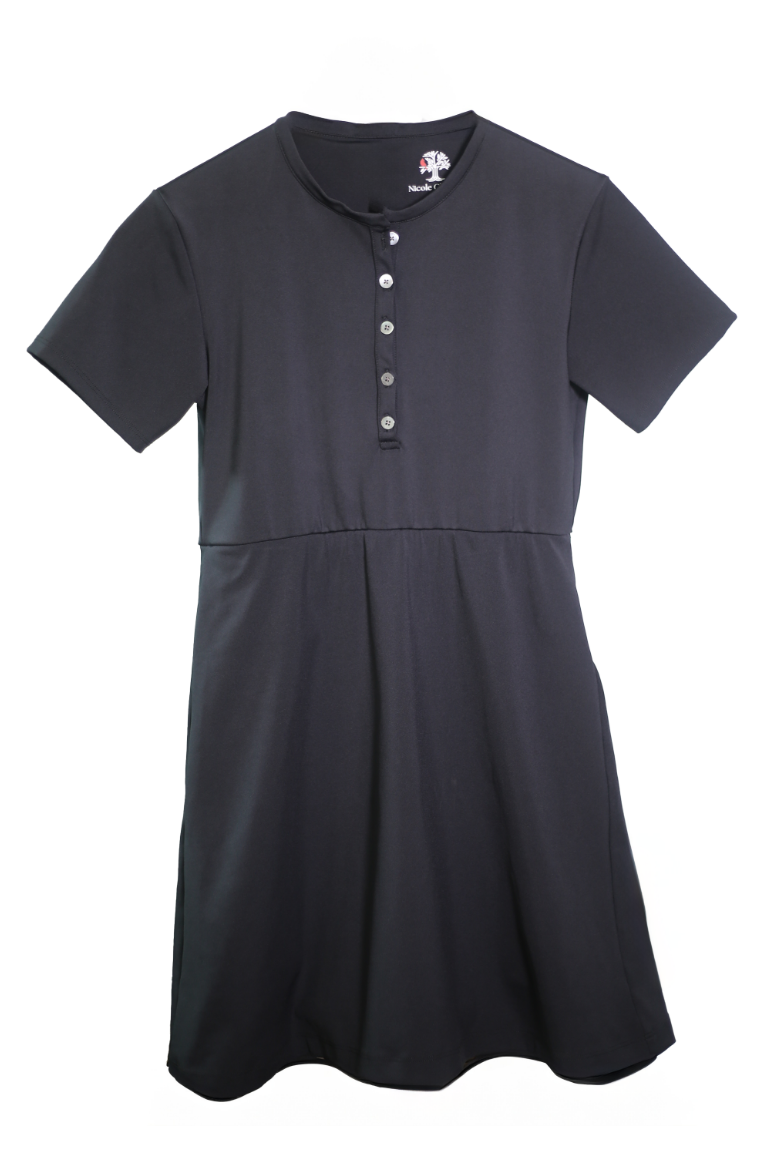 The Ace Henley Dress in black showcasing the front full-body silhouette, cinched waistline, and quality performance fabric.